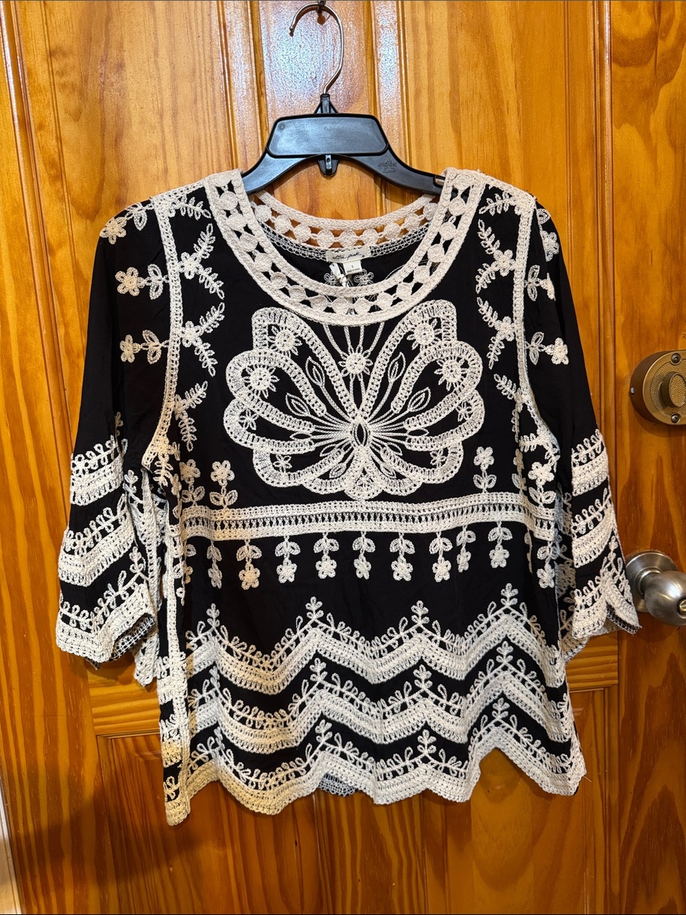 Ultra Pink Black & Cream Embroidered Crochet Tunic Top